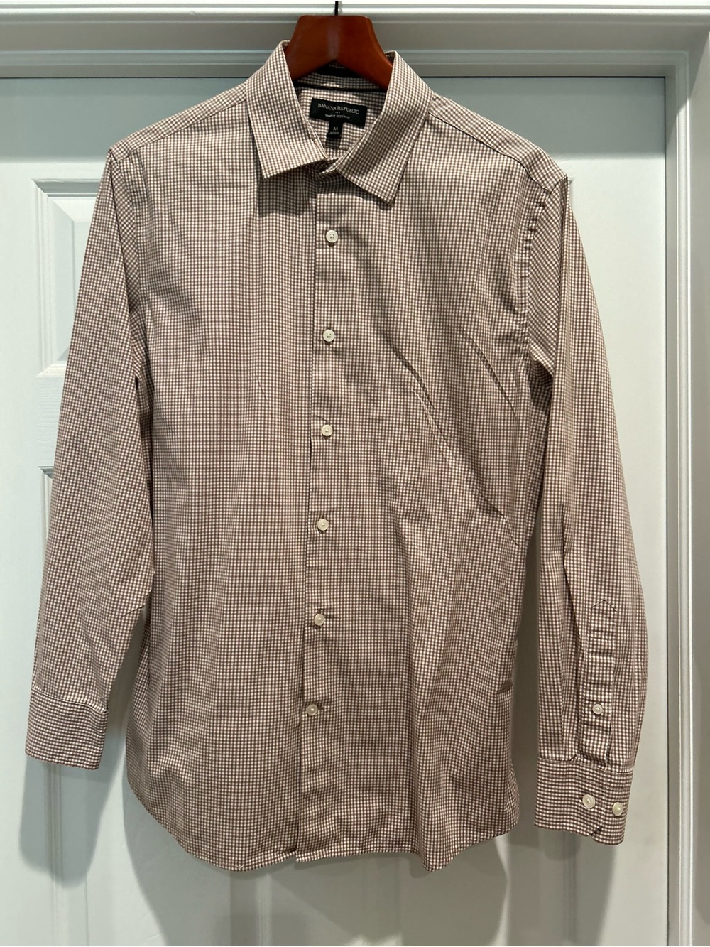 Banana Republic Men's Long Sleeve Micro-Check Shirt Tan & White athletic fit Med